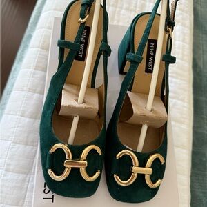 Nine West Green Suede block Heels with Gold Accents